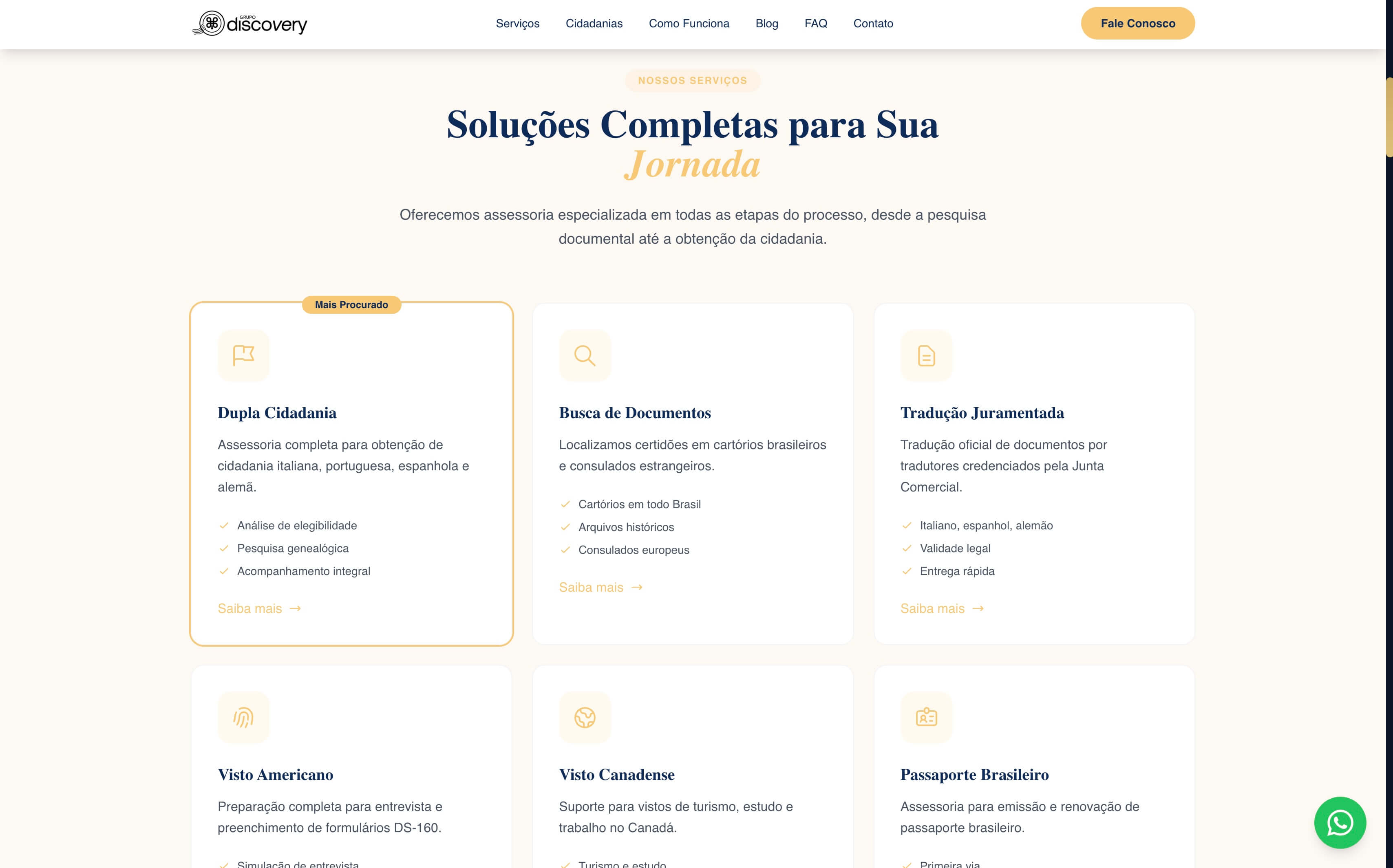 Grid de seis serviços oferecidos pela Discovery