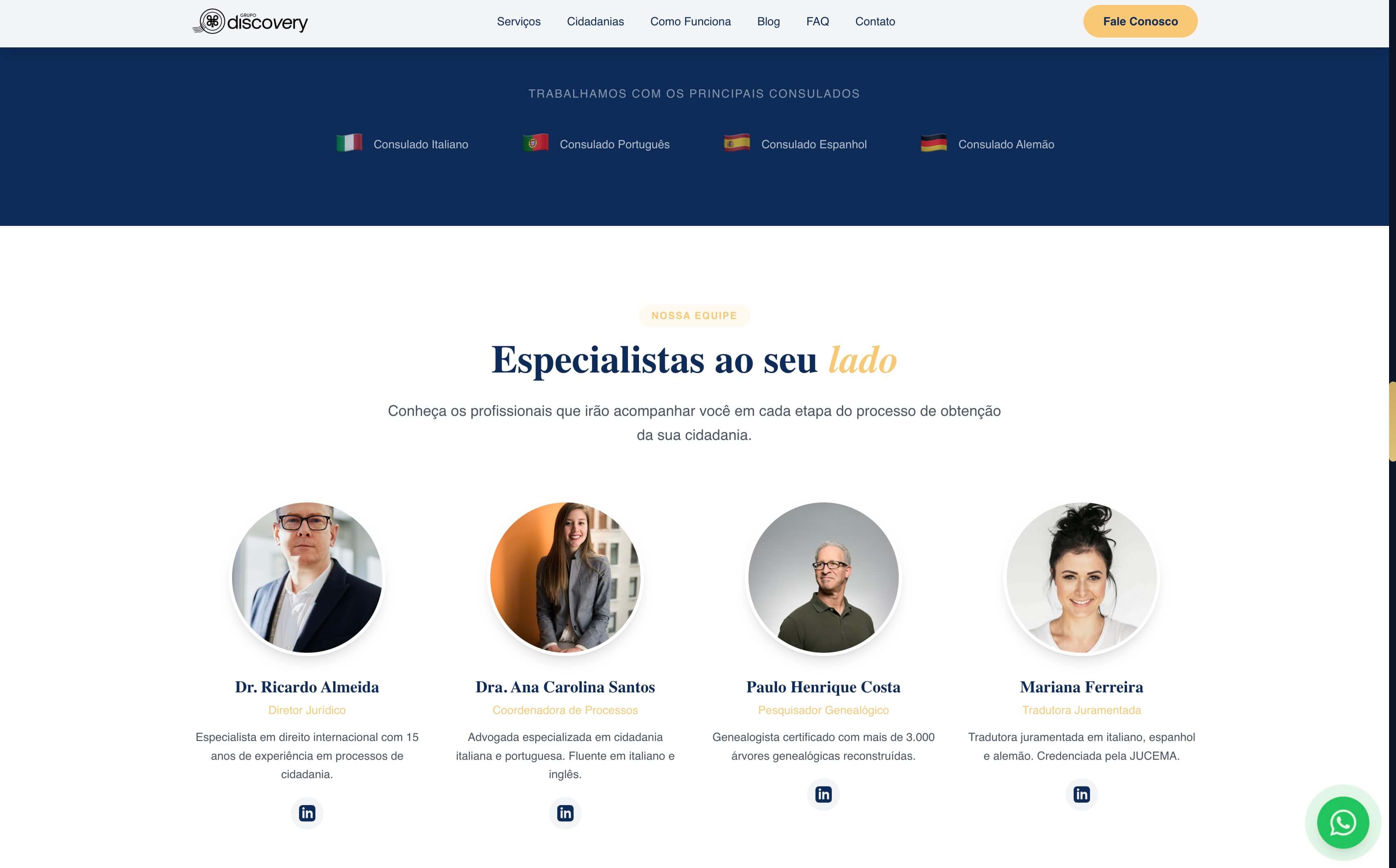 Banner de consulados parceiros e equipe da Discovery
