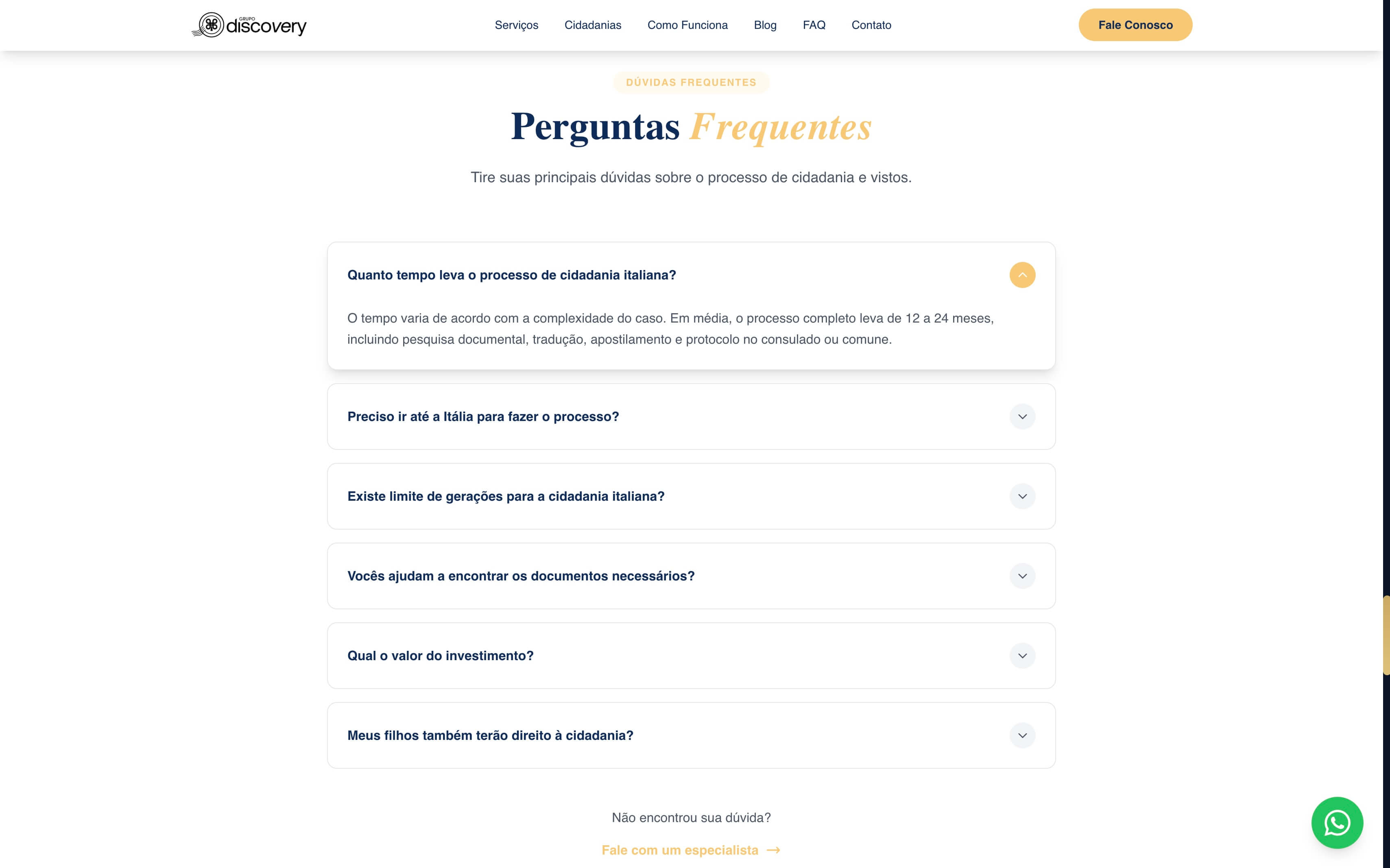 FAQ accordion com perguntas mais frequentes