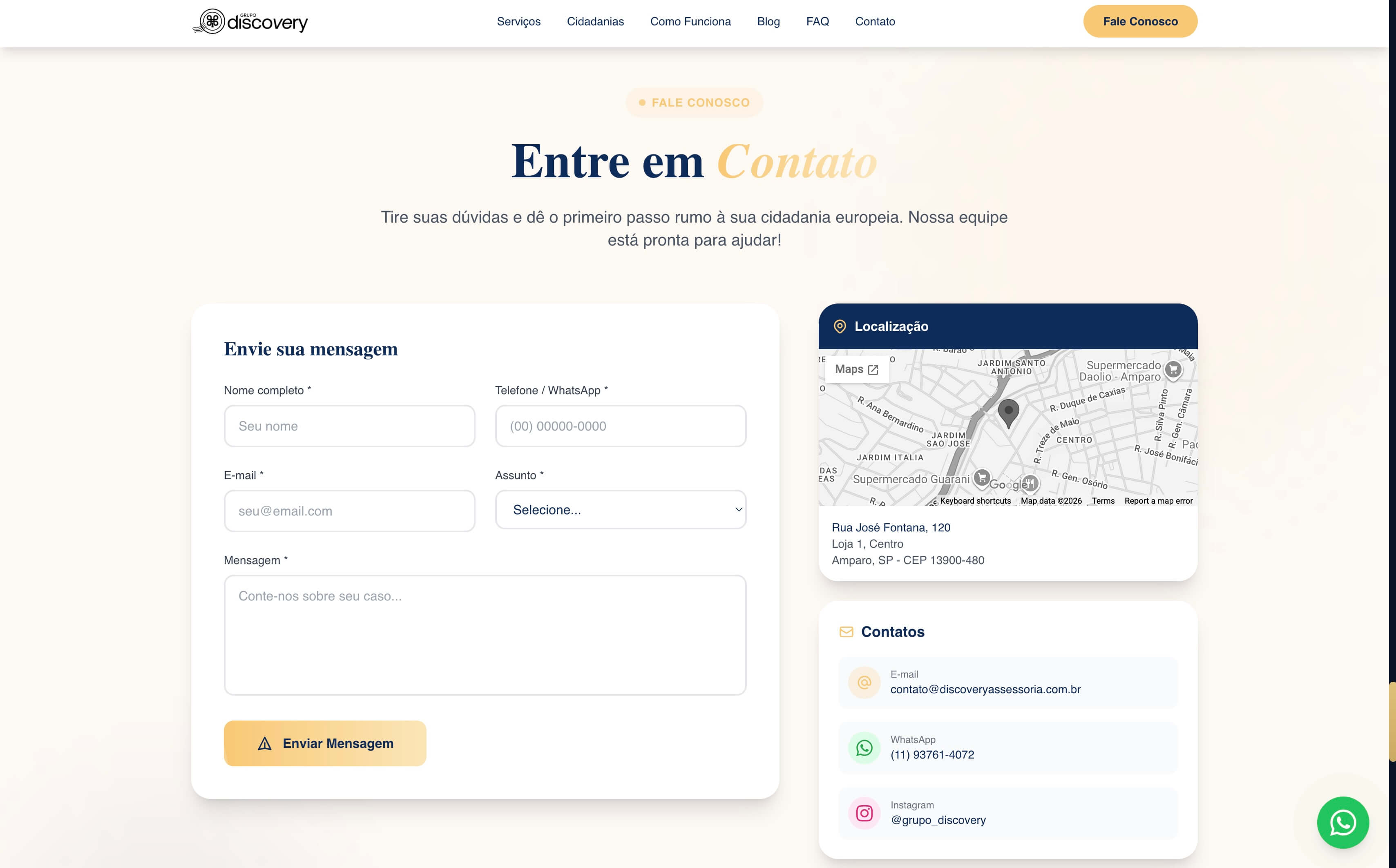 Formulário de contato, mapa e cards de contato
