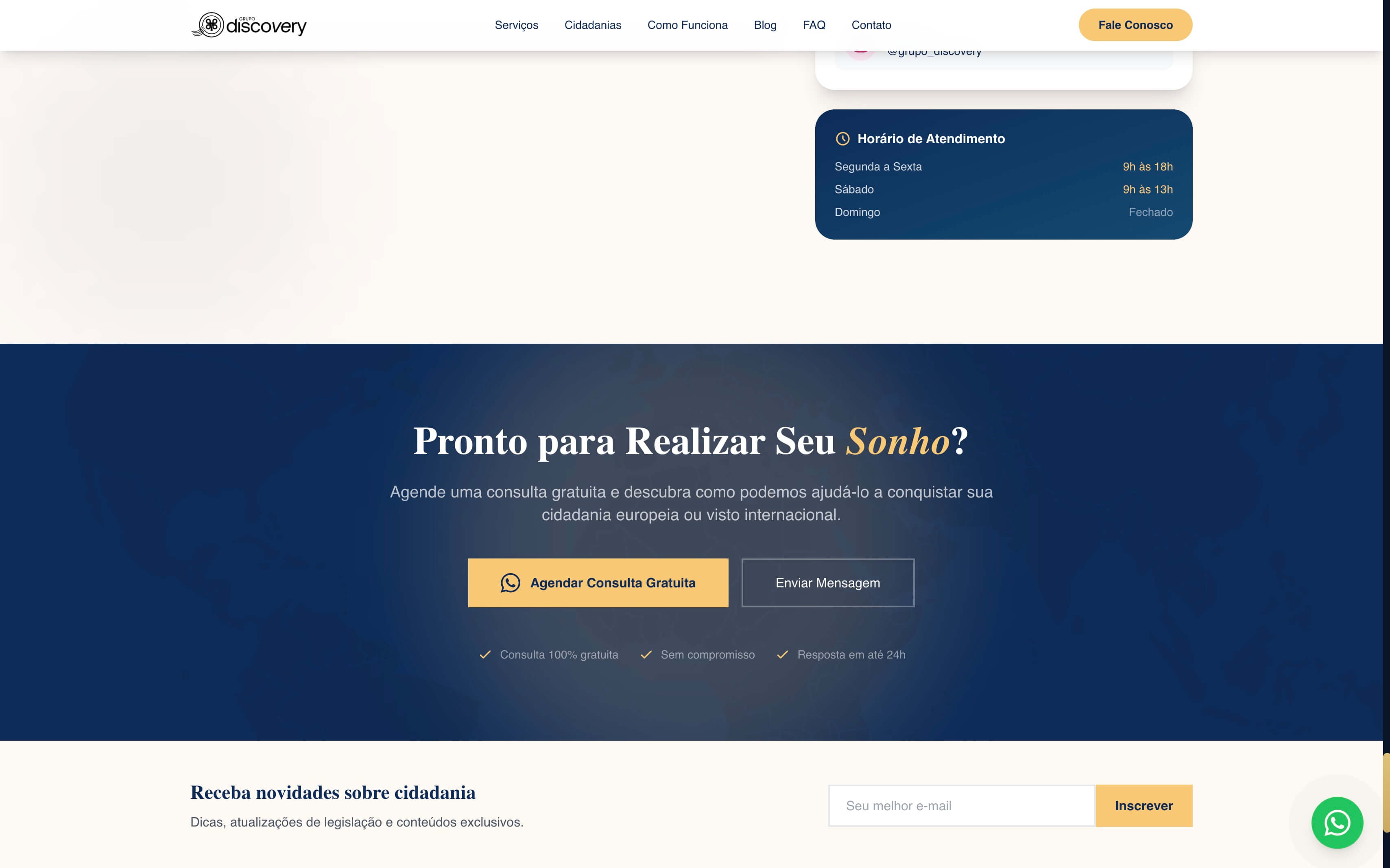 CTA final em bloco azul-marinho com horário de atendimento