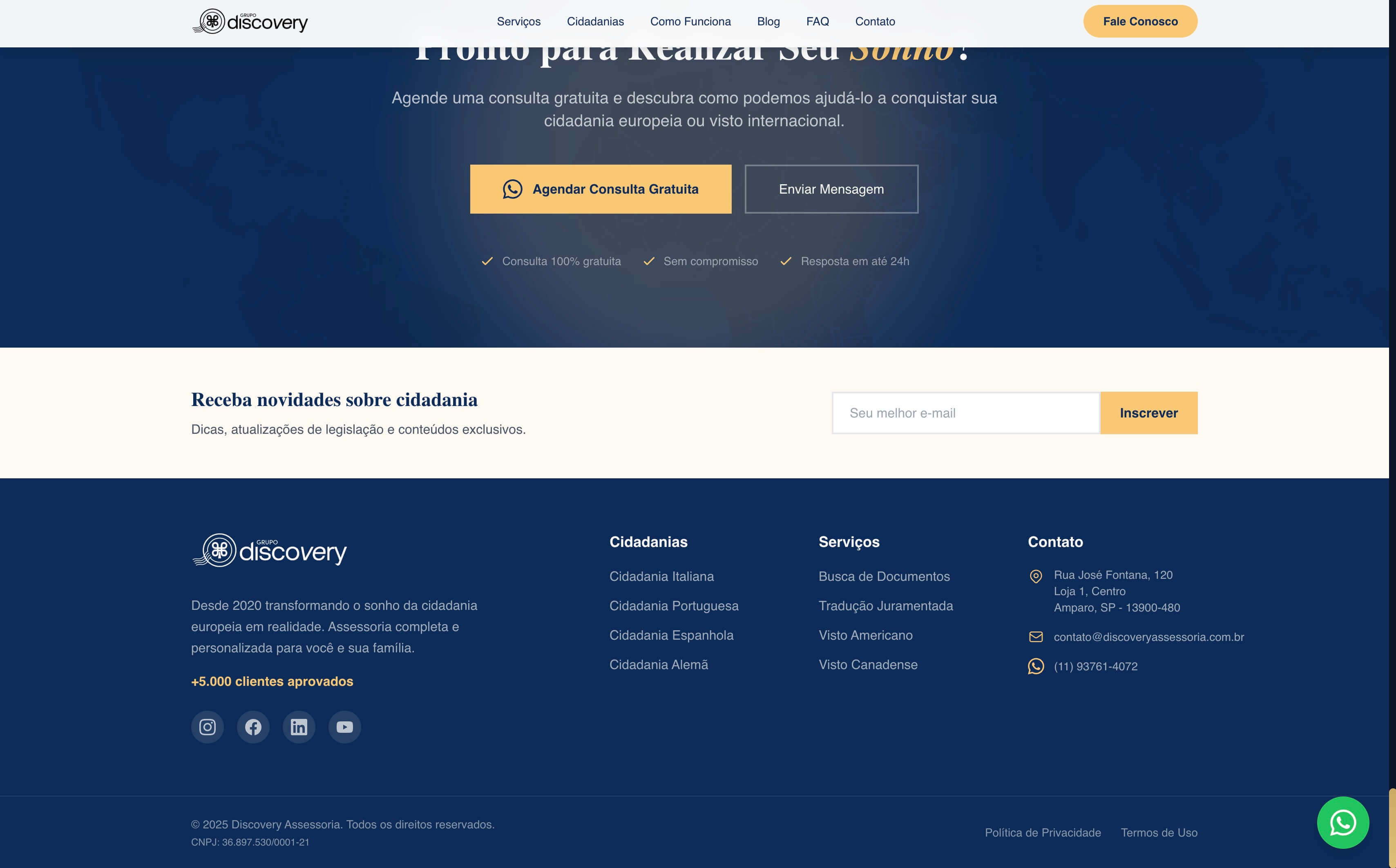 Footer institucional com colunas e newsletter