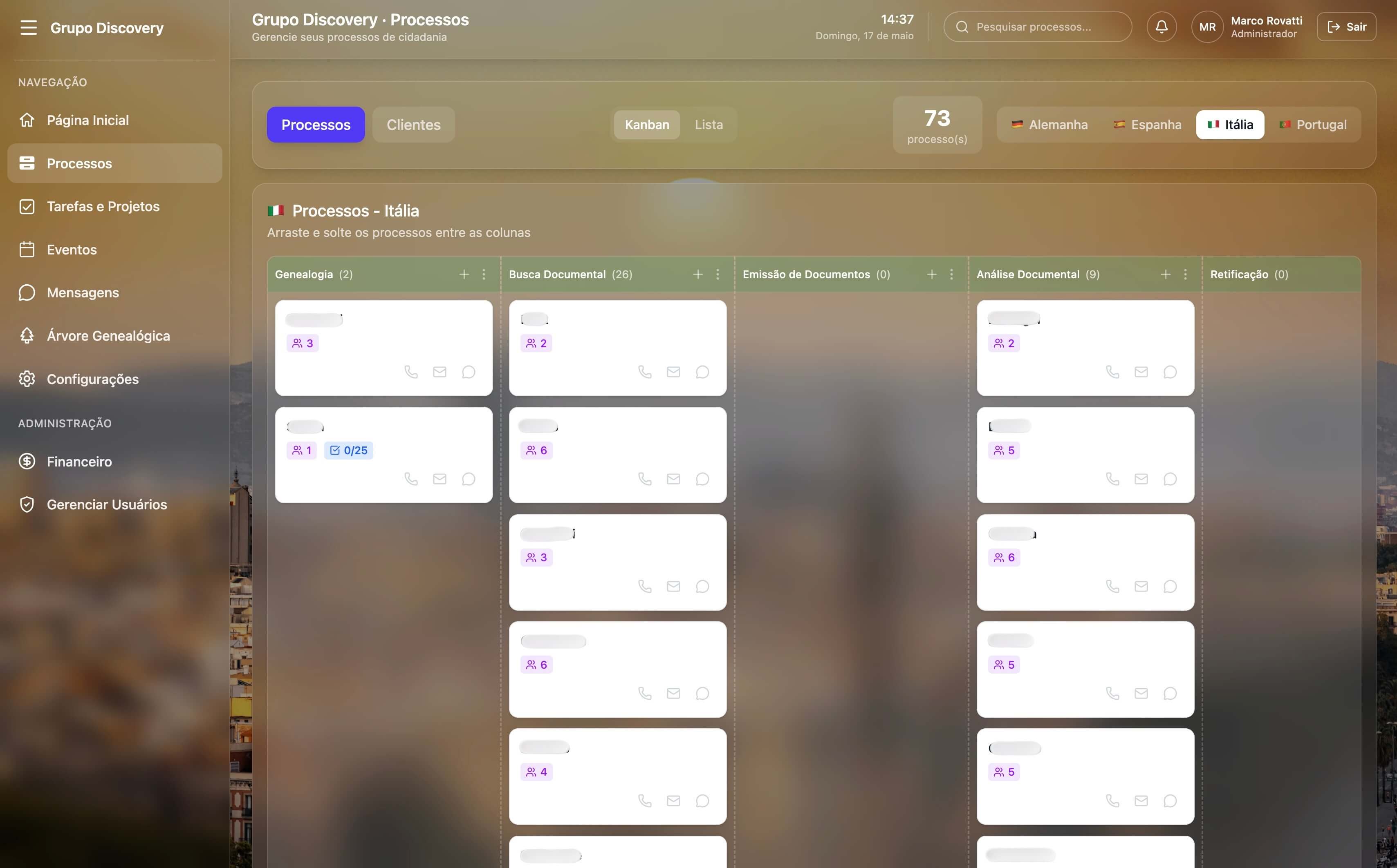 Visão geral do kanban com todos os processos