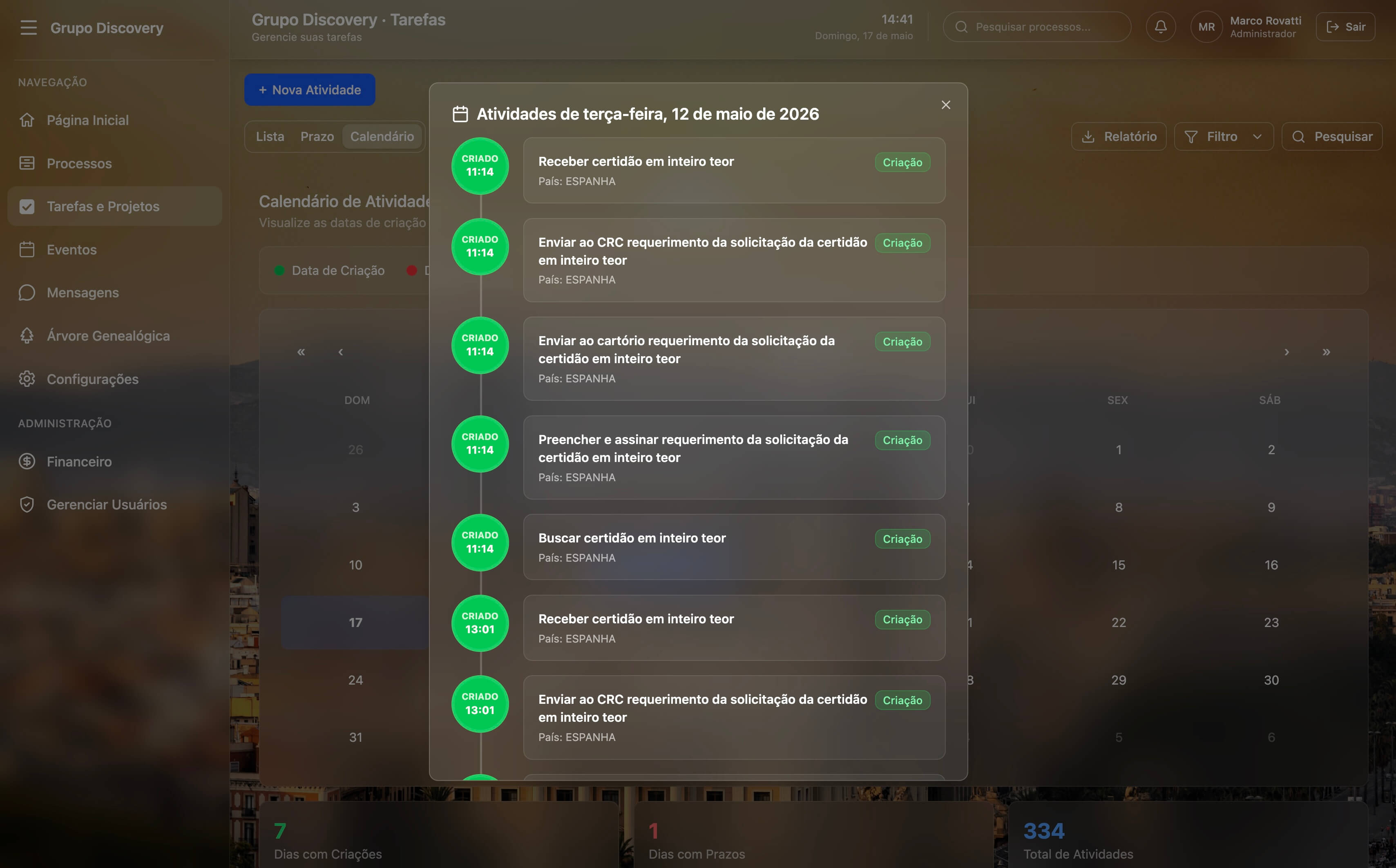 Calendário em visão de lista